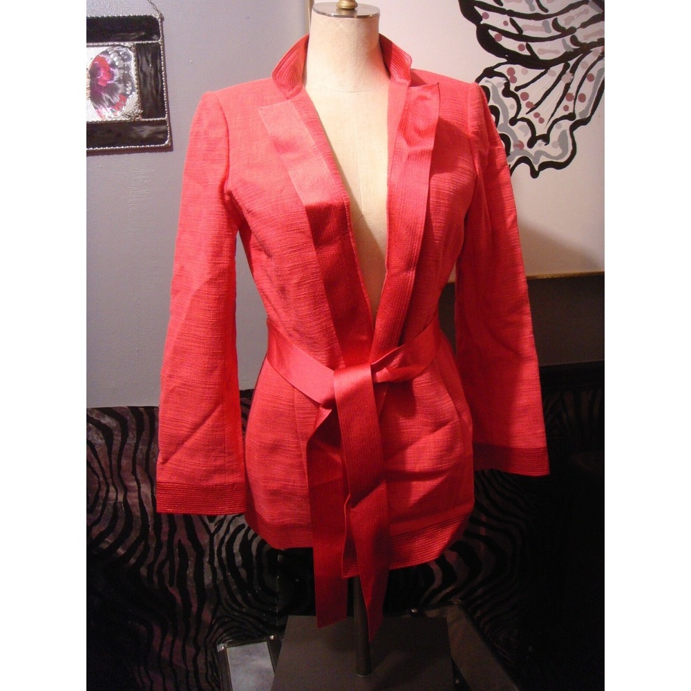 Linda Allard Ellen Tracy womens coral 6 blazer open front tie belt jacket NEW